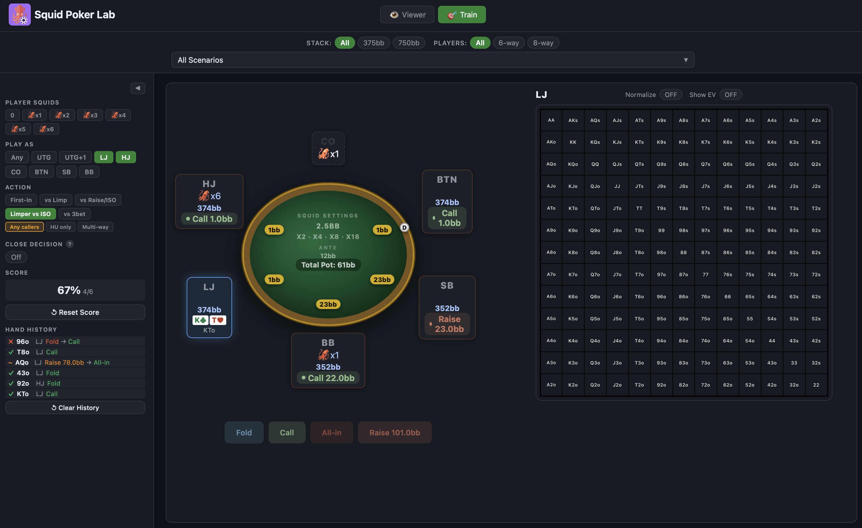 Squid Poker preflop trainer — choose your action against the solver